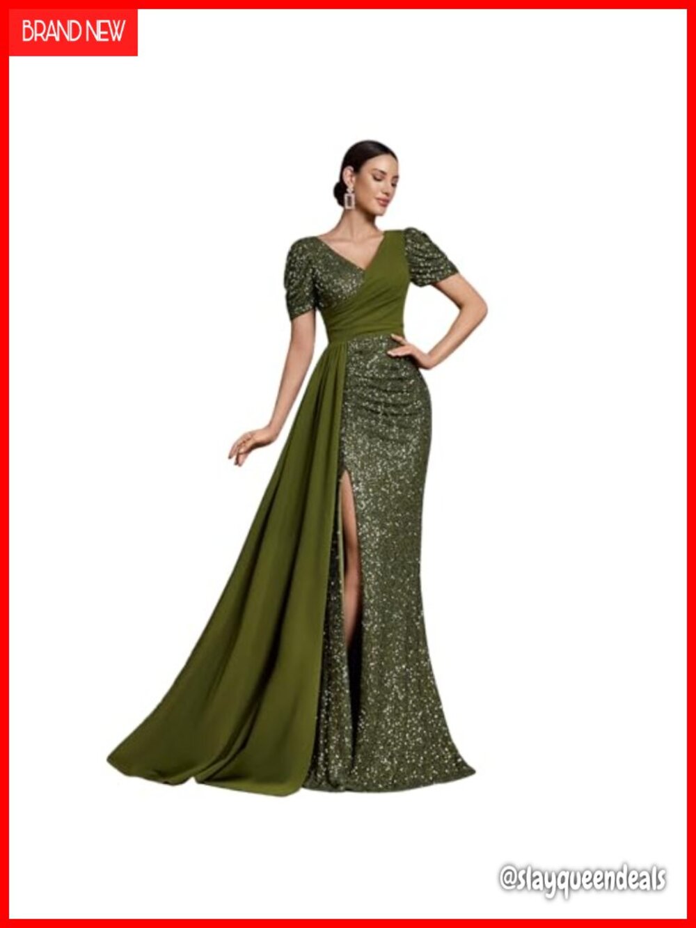 V-Neck Sequin Mermaid Maxi Formal Evening Gown Short Sleeve Slit Dress
